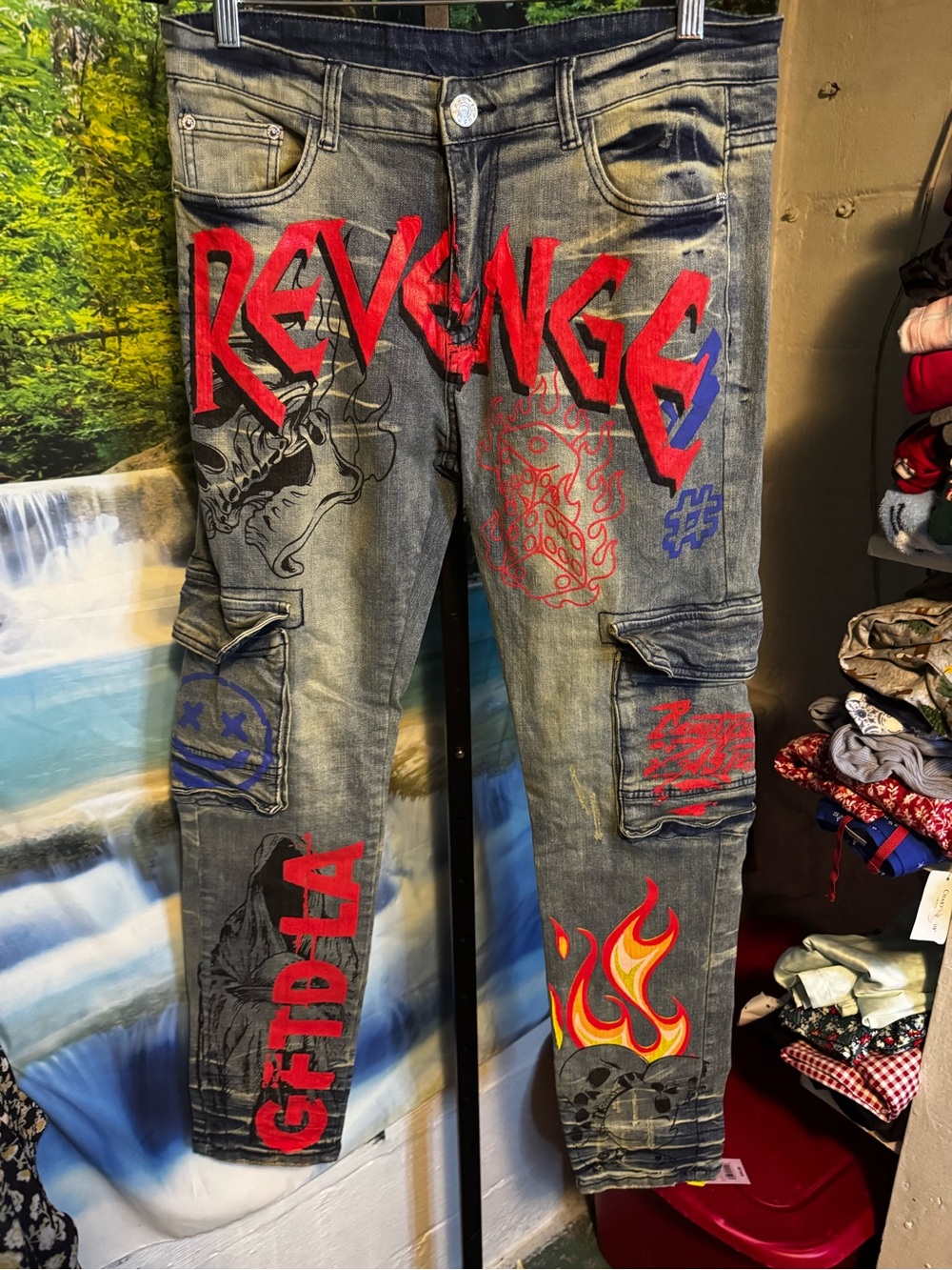 Biepa Slim Straight Grey Jeans with Red & Blue Graphic Flames